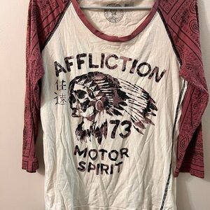 Affliction Women's Burgundy and Cream Graphic Long Sleeve Tee
